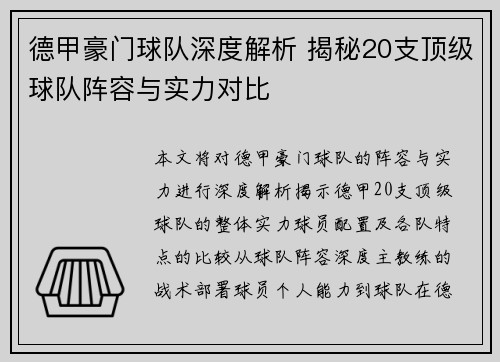 德甲豪门球队深度解析 揭秘20支顶级球队阵容与实力对比