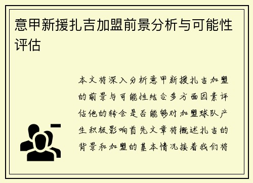 意甲新援扎吉加盟前景分析与可能性评估